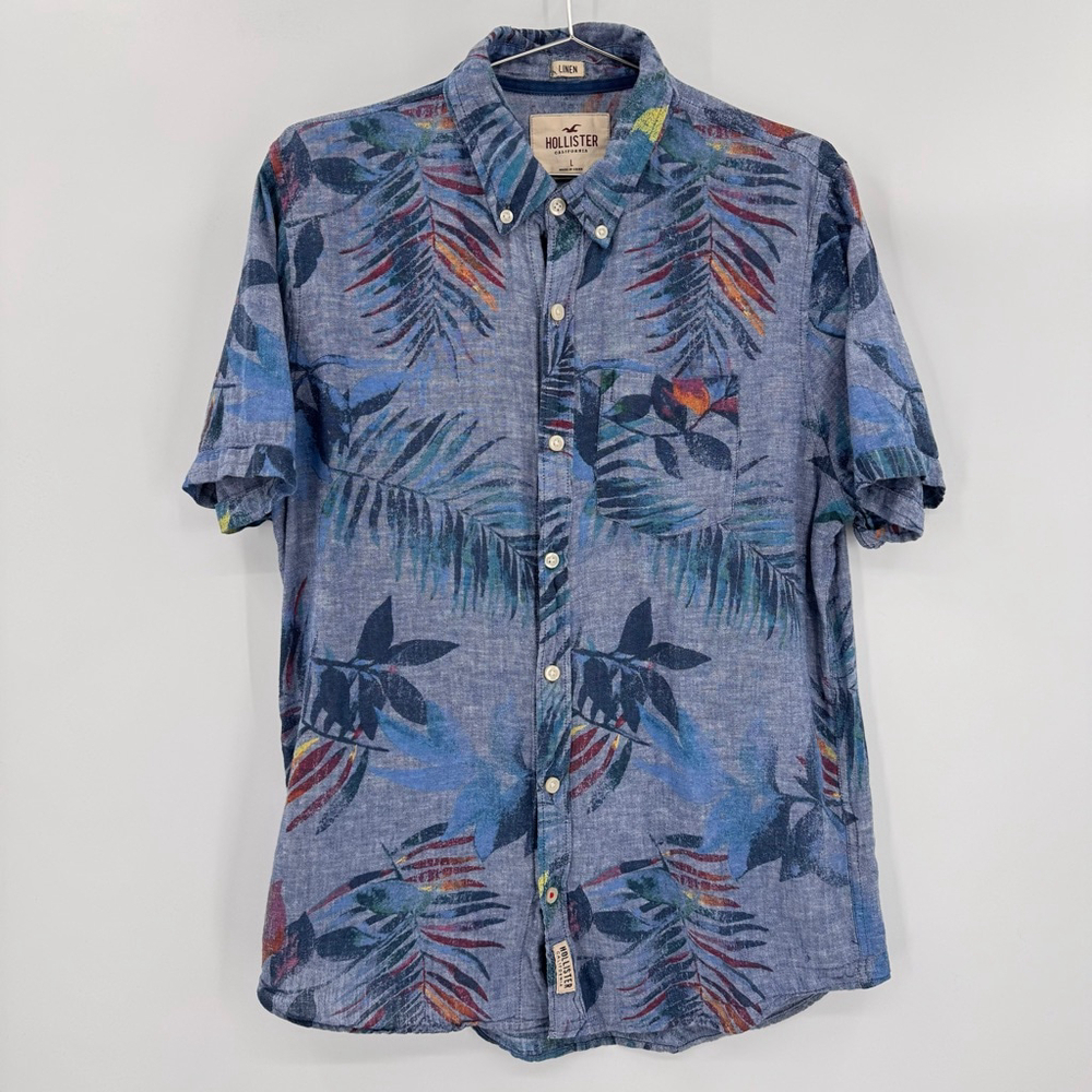 Hollister Blue Tropical Men’s Shirt Linen Cotton Summer Vacation Hawaiian Large
